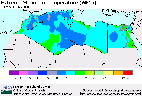 North Africa Minimum Daily Temperature (WMO) Thematic Map For 12/3/2018 - 12/9/2018