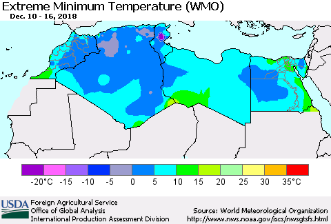 North Africa Minimum Daily Temperature (WMO) Thematic Map For 12/10/2018 - 12/16/2018