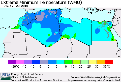 North Africa Minimum Daily Temperature (WMO) Thematic Map For 12/17/2018 - 12/23/2018