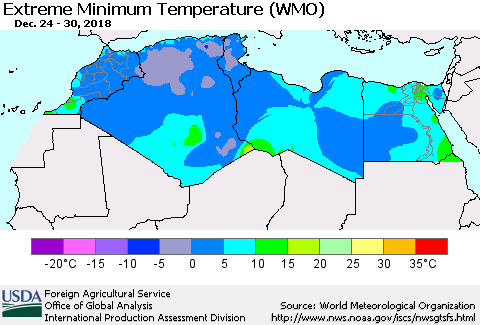 North Africa Minimum Daily Temperature (WMO) Thematic Map For 12/24/2018 - 12/30/2018