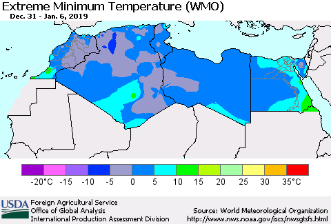 North Africa Minimum Daily Temperature (WMO) Thematic Map For 12/31/2018 - 1/6/2019