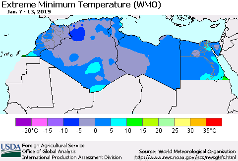 North Africa Minimum Daily Temperature (WMO) Thematic Map For 1/7/2019 - 1/13/2019