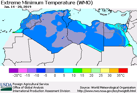 North Africa Minimum Daily Temperature (WMO) Thematic Map For 1/14/2019 - 1/20/2019