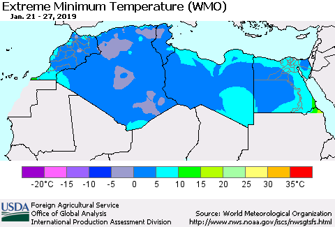 North Africa Minimum Daily Temperature (WMO) Thematic Map For 1/21/2019 - 1/27/2019