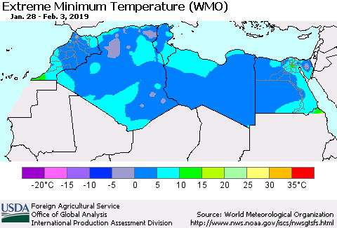 North Africa Minimum Daily Temperature (WMO) Thematic Map For 1/28/2019 - 2/3/2019