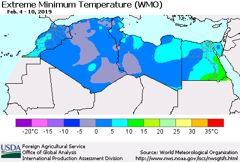 North Africa Minimum Daily Temperature (WMO) Thematic Map For 2/4/2019 - 2/10/2019
