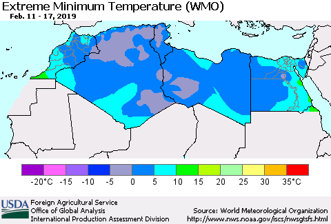 North Africa Minimum Daily Temperature (WMO) Thematic Map For 2/11/2019 - 2/17/2019