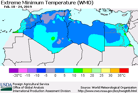 North Africa Minimum Daily Temperature (WMO) Thematic Map For 2/18/2019 - 2/24/2019