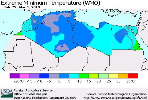 North Africa Minimum Daily Temperature (WMO) Thematic Map For 2/25/2019 - 3/3/2019