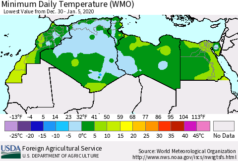 North Africa Minimum Daily Temperature (WMO) Thematic Map For 12/30/2019 - 1/5/2020