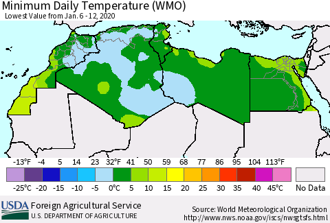 North Africa Minimum Daily Temperature (WMO) Thematic Map For 1/6/2020 - 1/12/2020
