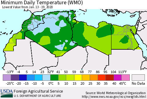 North Africa Minimum Daily Temperature (WMO) Thematic Map For 1/13/2020 - 1/19/2020