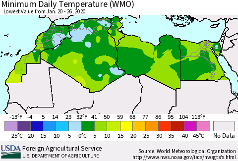 North Africa Minimum Daily Temperature (WMO) Thematic Map For 1/20/2020 - 1/26/2020