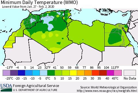 North Africa Minimum Daily Temperature (WMO) Thematic Map For 1/27/2020 - 2/2/2020