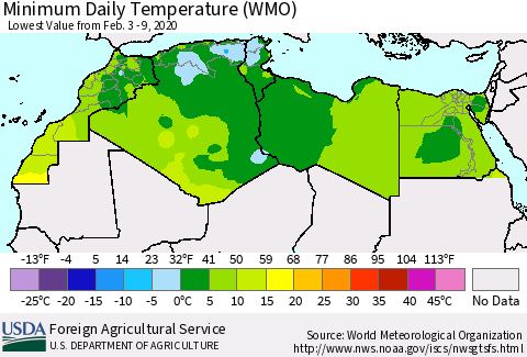 North Africa Minimum Daily Temperature (WMO) Thematic Map For 2/3/2020 - 2/9/2020
