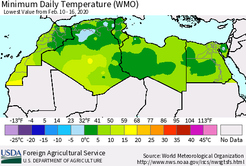 North Africa Minimum Daily Temperature (WMO) Thematic Map For 2/10/2020 - 2/16/2020