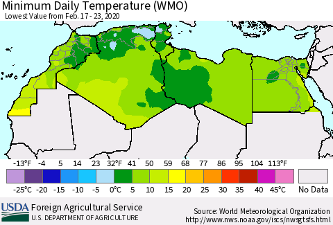 North Africa Minimum Daily Temperature (WMO) Thematic Map For 2/17/2020 - 2/23/2020