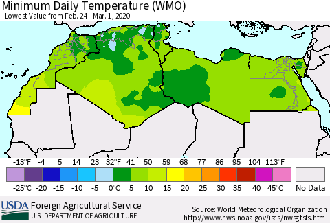North Africa Minimum Daily Temperature (WMO) Thematic Map For 2/24/2020 - 3/1/2020