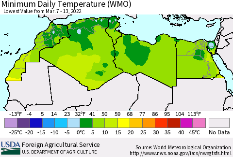 North Africa Minimum Daily Temperature (WMO) Thematic Map For 3/7/2022 - 3/13/2022
