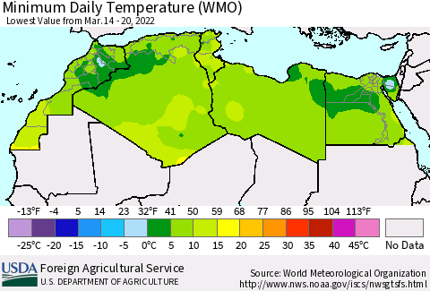 North Africa Minimum Daily Temperature (WMO) Thematic Map For 3/14/2022 - 3/20/2022