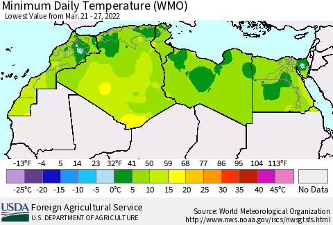 North Africa Minimum Daily Temperature (WMO) Thematic Map For 3/21/2022 - 3/27/2022