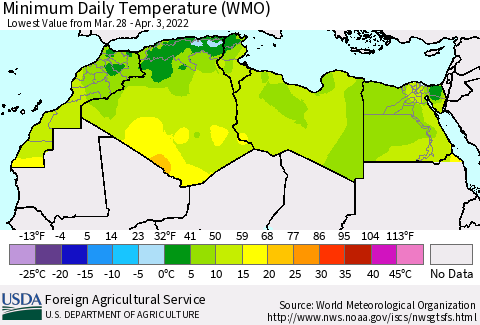 North Africa Minimum Daily Temperature (WMO) Thematic Map For 3/28/2022 - 4/3/2022