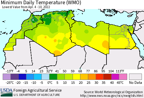 North Africa Minimum Daily Temperature (WMO) Thematic Map For 4/4/2022 - 4/10/2022