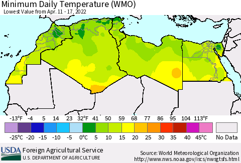 North Africa Minimum Daily Temperature (WMO) Thematic Map For 4/11/2022 - 4/17/2022
