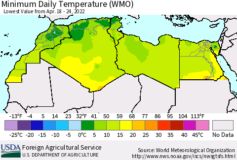 North Africa Minimum Daily Temperature (WMO) Thematic Map For 4/18/2022 - 4/24/2022