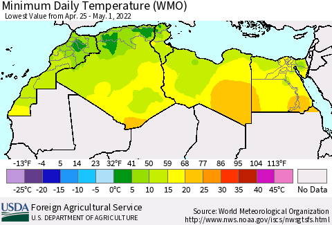 North Africa Minimum Daily Temperature (WMO) Thematic Map For 4/25/2022 - 5/1/2022