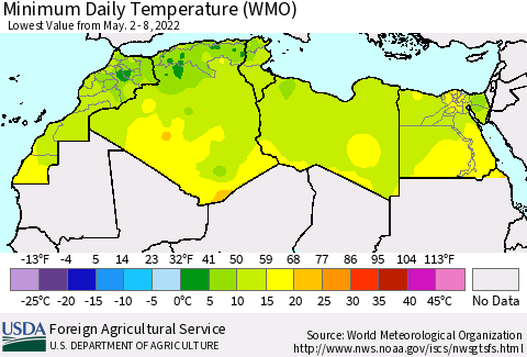 North Africa Minimum Daily Temperature (WMO) Thematic Map For 5/2/2022 - 5/8/2022
