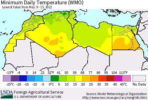 North Africa Minimum Daily Temperature (WMO) Thematic Map For 5/9/2022 - 5/15/2022