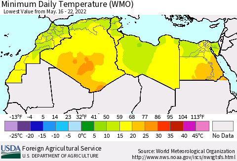 North Africa Minimum Daily Temperature (WMO) Thematic Map For 5/16/2022 - 5/22/2022