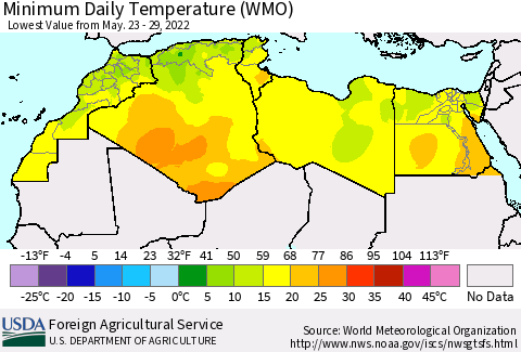 North Africa Minimum Daily Temperature (WMO) Thematic Map For 5/23/2022 - 5/29/2022