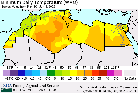 North Africa Minimum Daily Temperature (WMO) Thematic Map For 5/30/2022 - 6/5/2022