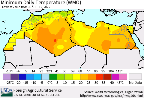 North Africa Minimum Daily Temperature (WMO) Thematic Map For 6/6/2022 - 6/12/2022