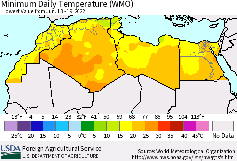 North Africa Minimum Daily Temperature (WMO) Thematic Map For 6/13/2022 - 6/19/2022