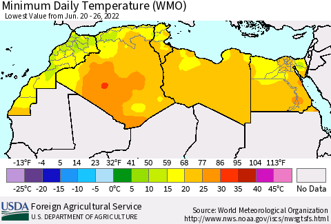 North Africa Minimum Daily Temperature (WMO) Thematic Map For 6/20/2022 - 6/26/2022