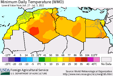 North Africa Minimum Daily Temperature (WMO) Thematic Map For 6/27/2022 - 7/3/2022