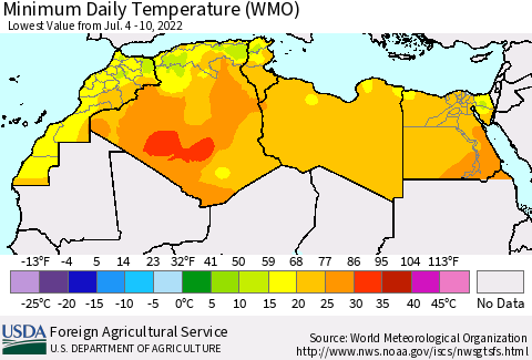 North Africa Minimum Daily Temperature (WMO) Thematic Map For 7/4/2022 - 7/10/2022