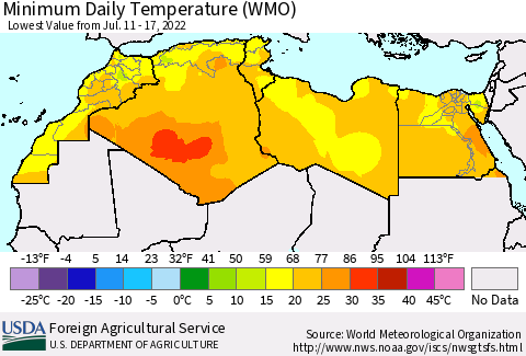 North Africa Minimum Daily Temperature (WMO) Thematic Map For 7/11/2022 - 7/17/2022