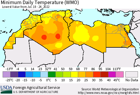 North Africa Minimum Daily Temperature (WMO) Thematic Map For 7/18/2022 - 7/24/2022