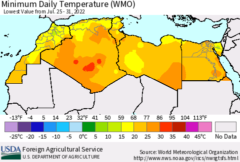North Africa Minimum Daily Temperature (WMO) Thematic Map For 7/25/2022 - 7/31/2022