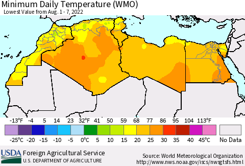 North Africa Minimum Daily Temperature (WMO) Thematic Map For 8/1/2022 - 8/7/2022