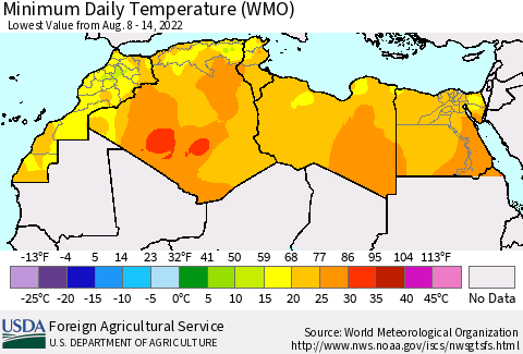 North Africa Minimum Daily Temperature (WMO) Thematic Map For 8/8/2022 - 8/14/2022