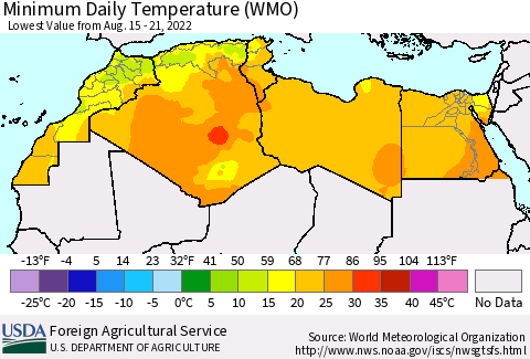 North Africa Minimum Daily Temperature (WMO) Thematic Map For 8/15/2022 - 8/21/2022