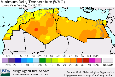 North Africa Minimum Daily Temperature (WMO) Thematic Map For 8/22/2022 - 8/28/2022