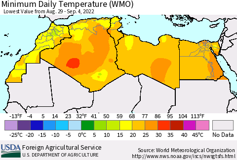 North Africa Minimum Daily Temperature (WMO) Thematic Map For 8/29/2022 - 9/4/2022