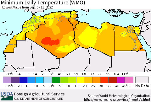 North Africa Minimum Daily Temperature (WMO) Thematic Map For 9/5/2022 - 9/11/2022