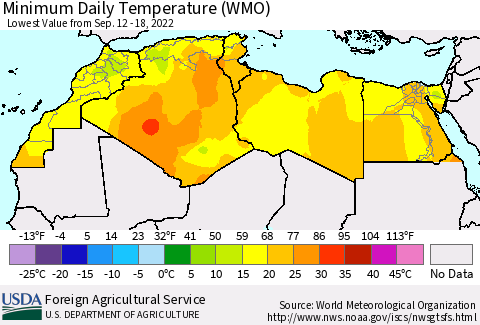 North Africa Minimum Daily Temperature (WMO) Thematic Map For 9/12/2022 - 9/18/2022